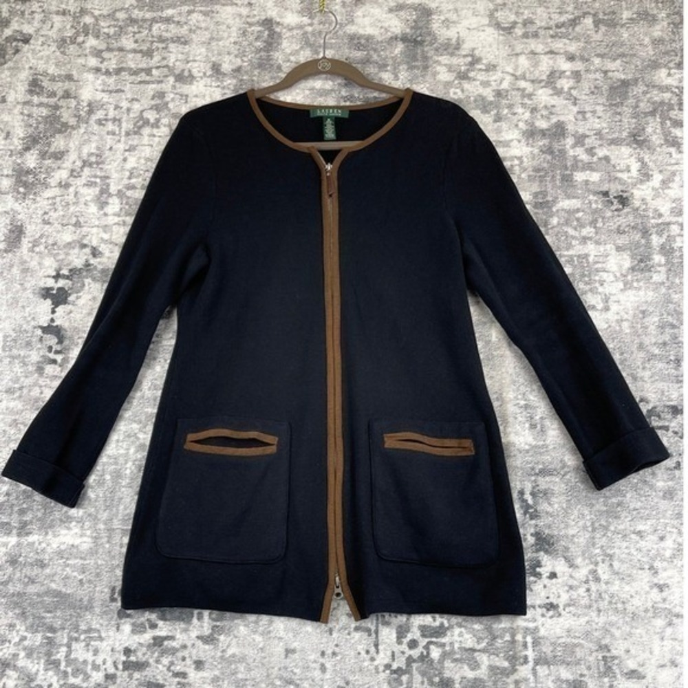 Lauren Ralph Lauren Womens Full Zip Cotton Sweater Cardigan Black Brown Trim m